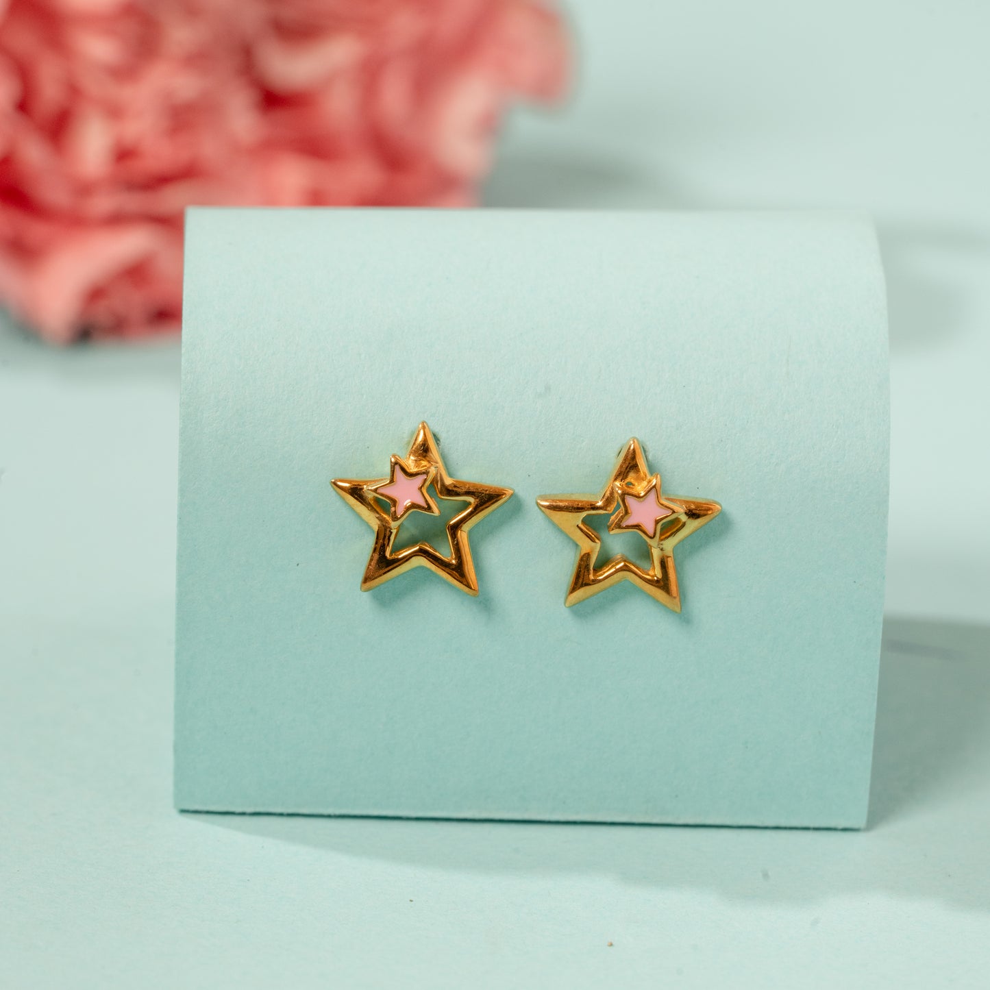 Yellow Gold and pink Star earrings in 925 Silver
