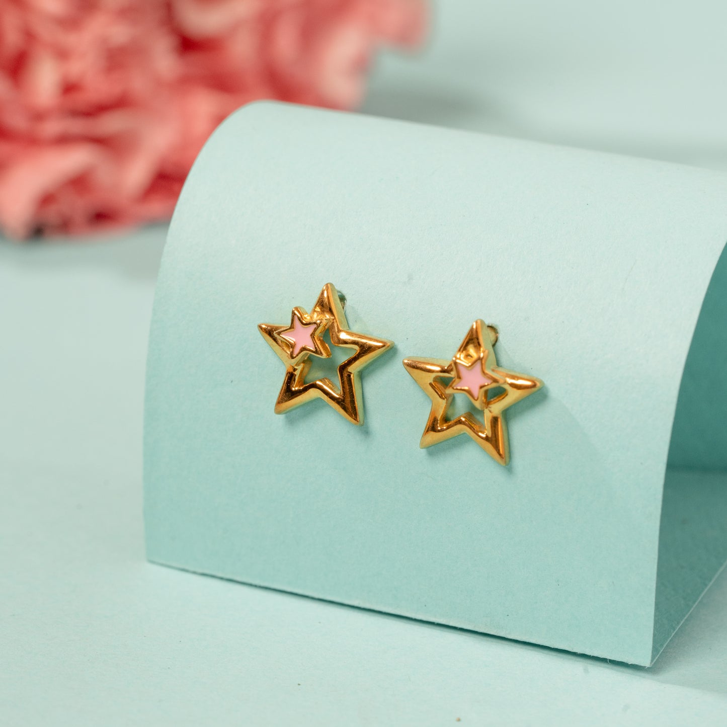 Yellow Gold and pink Star earrings in 925 Silver