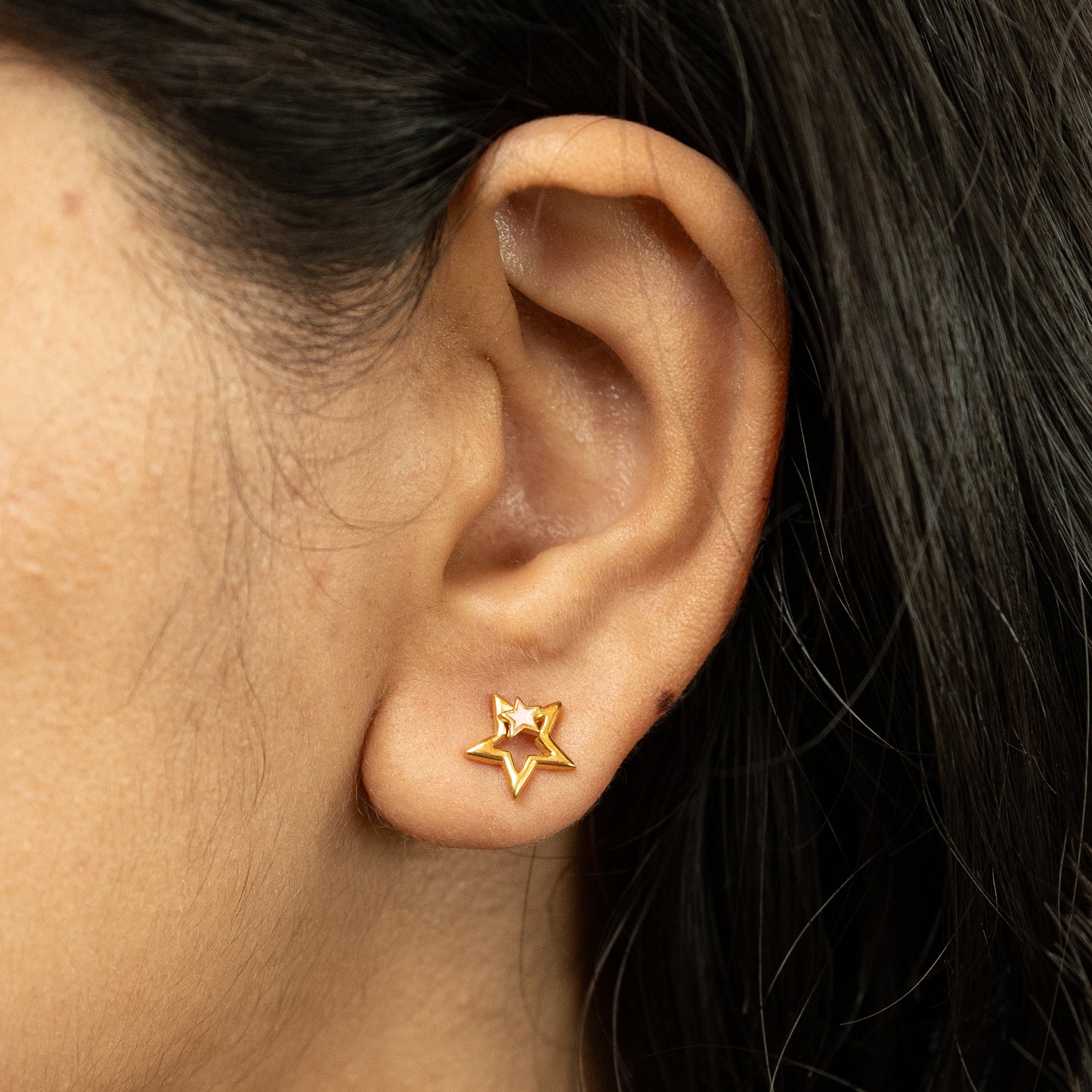 Yellow Gold and pink Star earrings in 925 Silver