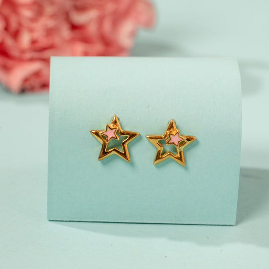 Yellow Gold and pink Star earrings in 925 Silver