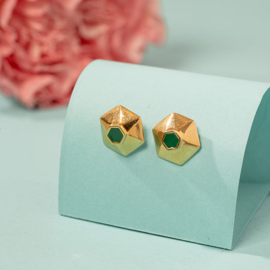 Faceted Gold Plated earrings with Green enamel in 925 Silver