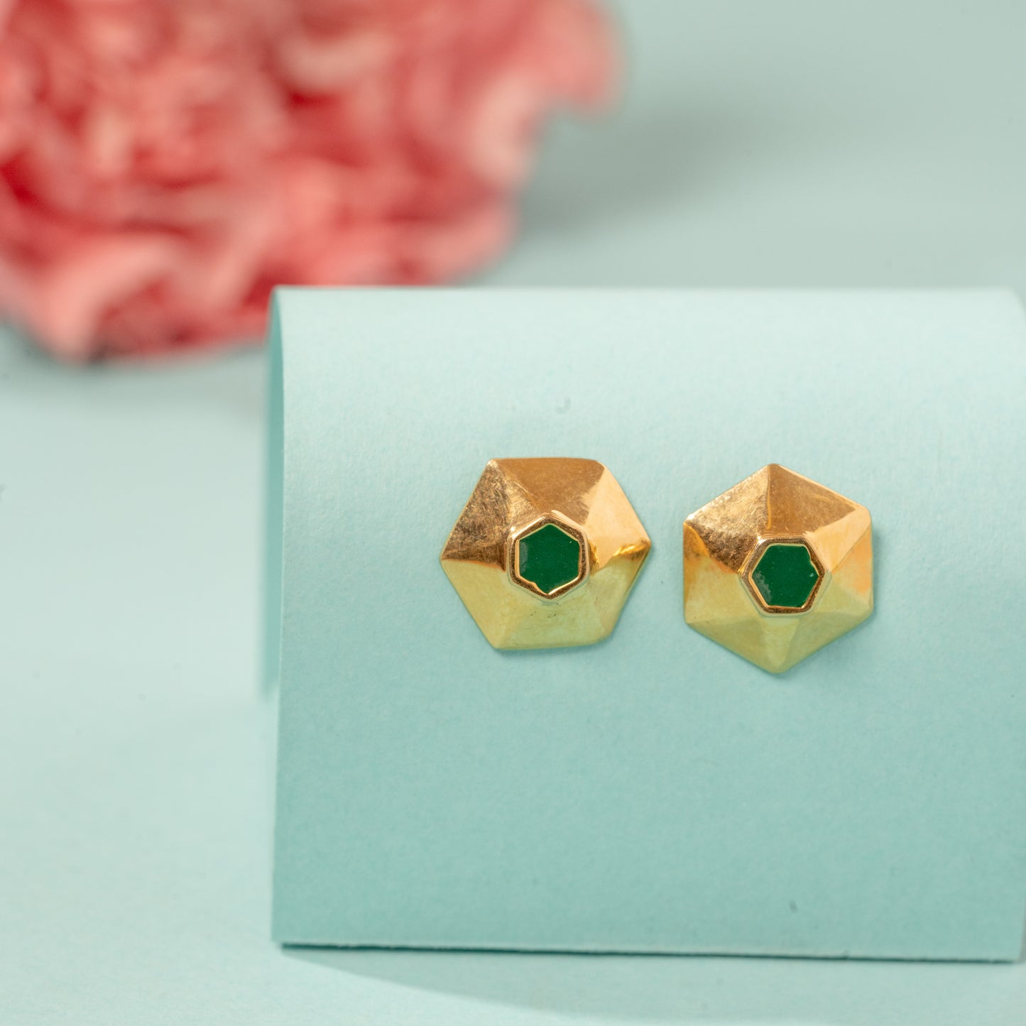 Faceted Gold Plated earrings with Green enamel in 925 Silver