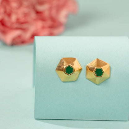 Faceted Gold Plated earrings with Green enamel in 925 Silver