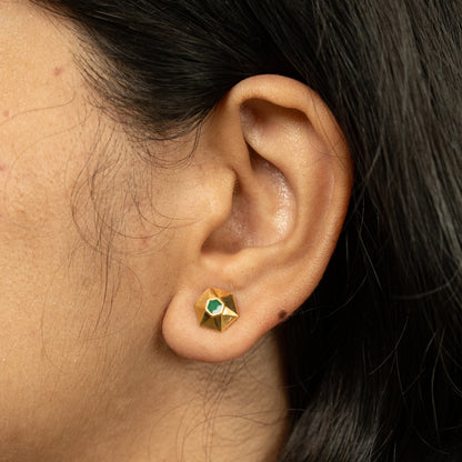Faceted Gold Plated earrings with Green enamel in 925 Silver