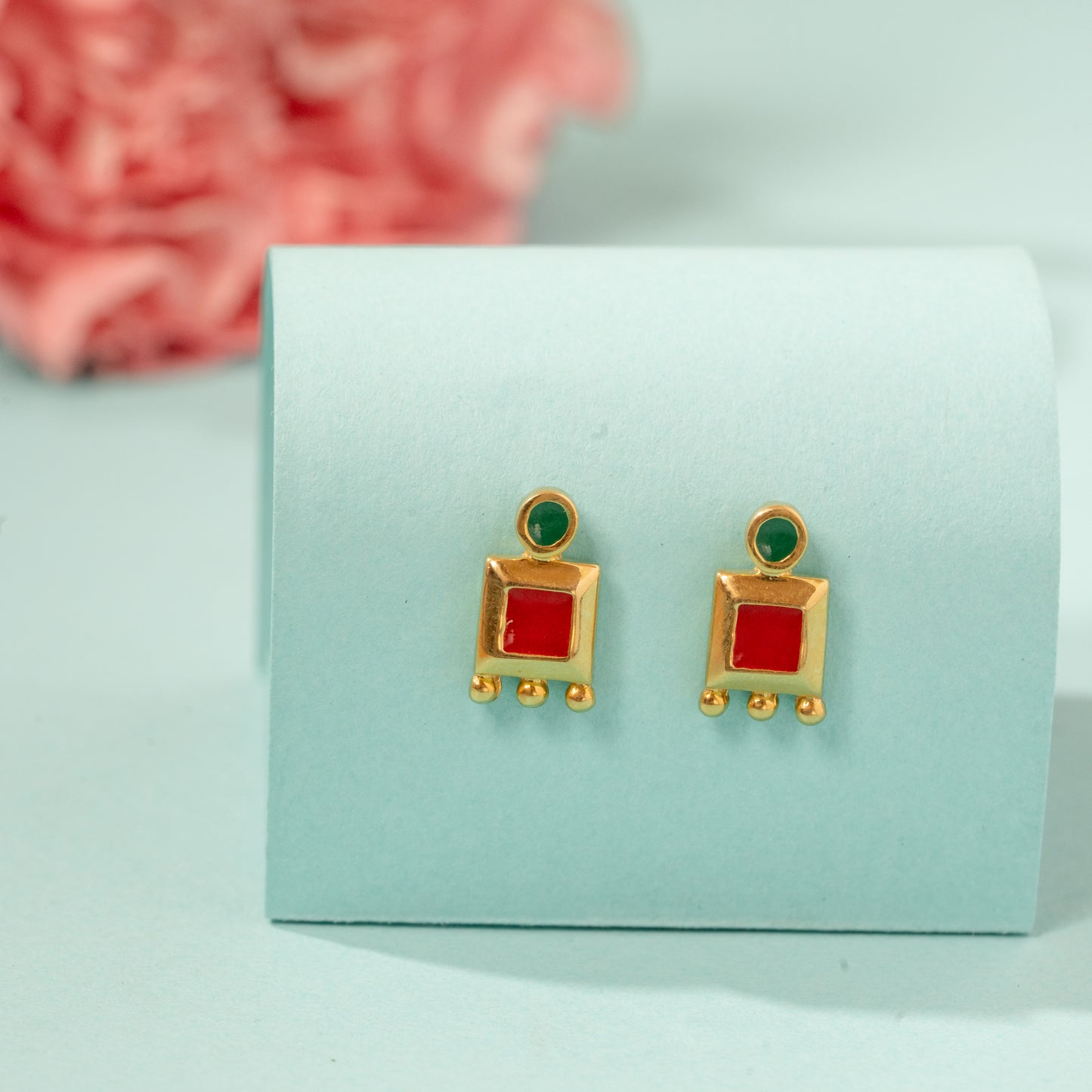 Traditional design Green and Red Earrings in 925 Silver