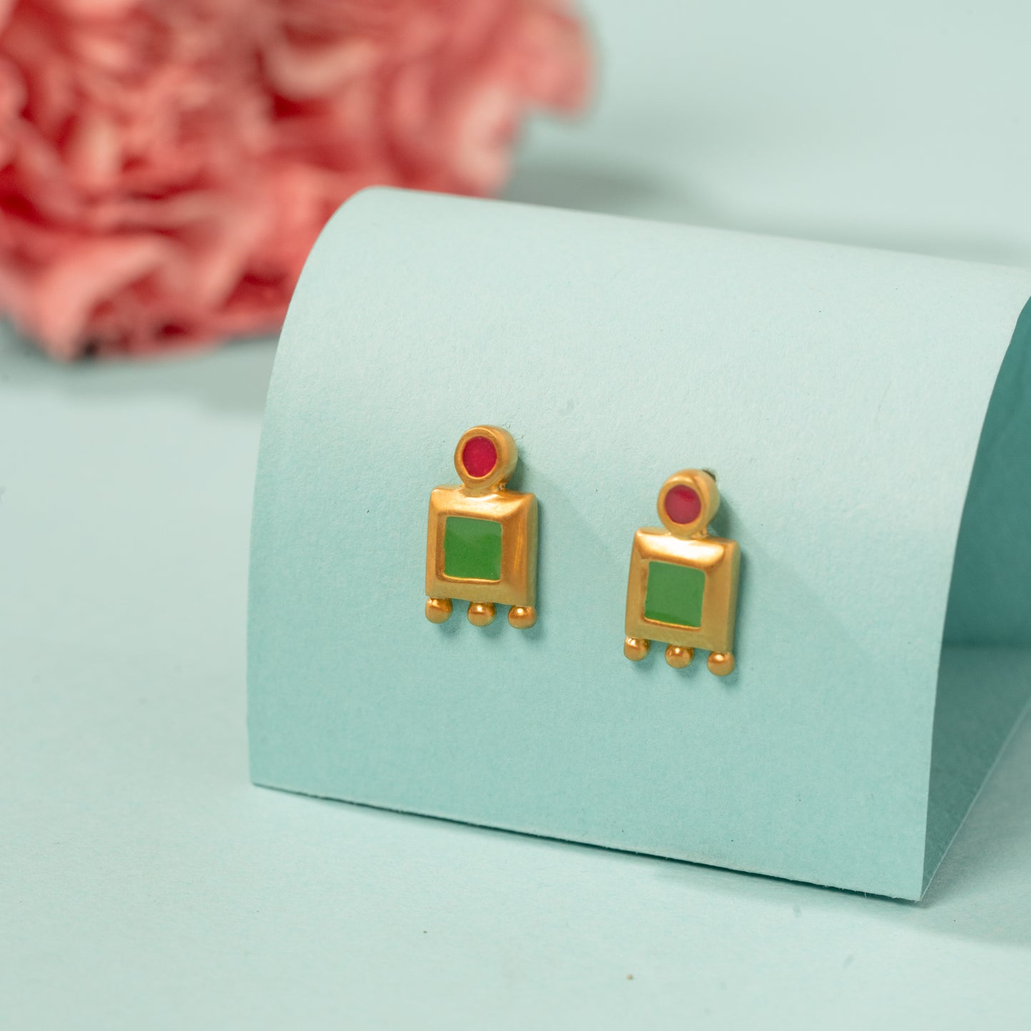 Traditional Red & Green Enamel earrings in 925 Silver
